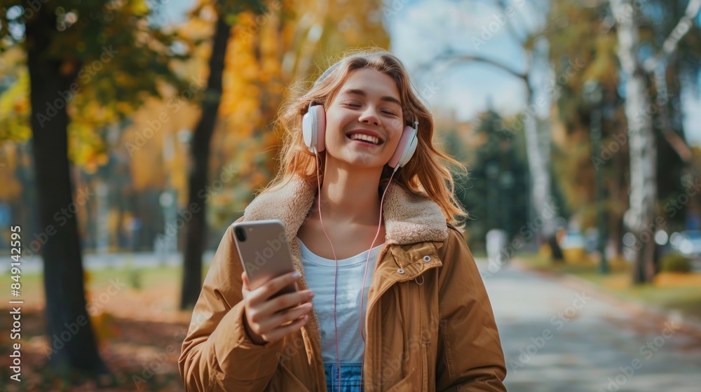 A woman is walking down a street while listening to music on her phone A woman is walking down a street while listening to music on her phone