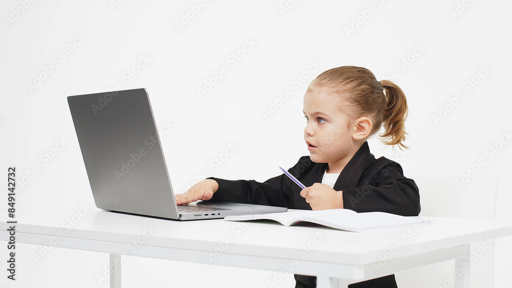 Stylish, business schoolgirl studying at a laptop on an isolated white background. Concept of modern technology, business and education. Stylish, business schoolgirl studying at a laptop on an isolated white background. Concept of modern technology, business and education.