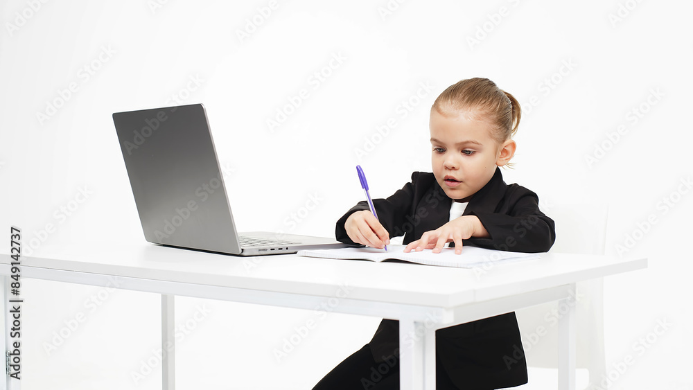Business, little child working at a laptop on a light isolated studio background. Concept of deal, business and modern technology. Business, little child working at a laptop on a light isolated studio background. Concept of deal, business and modern technology.