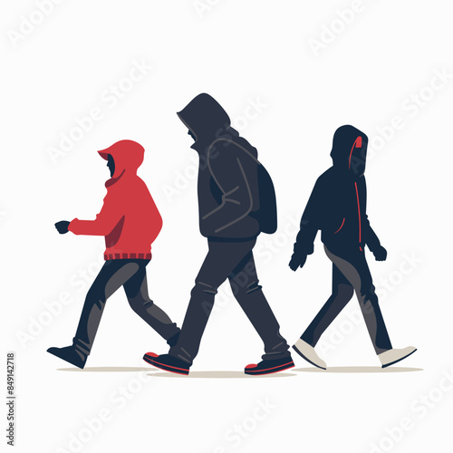 Three sideprofile silhouetted figures walking, progressive sizes suggest family. Young child leads red hoodie, followed larger adolescent black, tallest adult grey hoodie rear. Casual attire