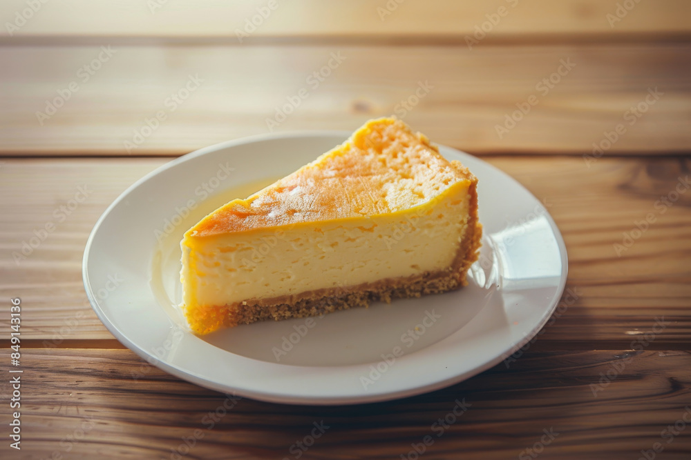 slice of cheesecake on a white plate with a wooden table 