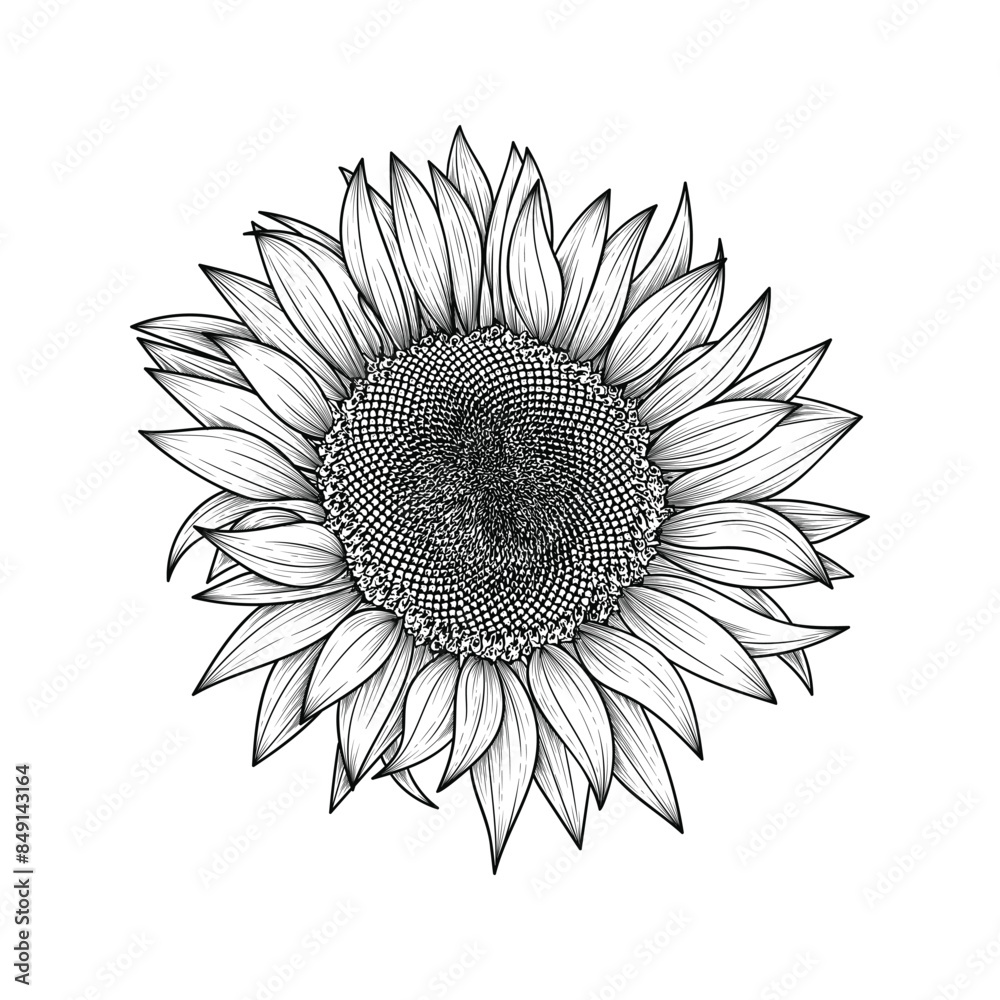 Fototapeta premium Hand drawn line art sunflower illustration isolated on white background 