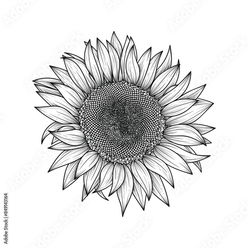 Hand drawn line art sunflower illustration isolated on white background	