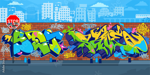 Abstract Urban Graffiti Brick Wall With Street Art Drawings Against The Background Of The Cityscape