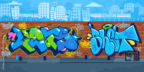 Modern Outdoor Urban Graffiti Wall With Street Art Drawings Against The Background Of The Cityscape