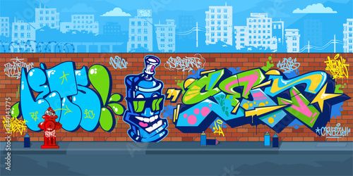 Trendy Cool Outdoor Urban Graffiti Wall With Drawings Against The Background Of The Cityscape