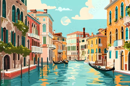 Fototapeta Naklejka Na Ścianę i Meble -  The canals of Venice with gondolas and boats. Urban landscape, Italy. The concept of travel in Europe, vacation. Interior poster, print. Template for social media