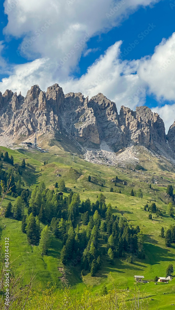 Naklejka premium italian alps dolomites national park lake mountain trekking peaks tre cime brais lake carezza lake reflection clouds