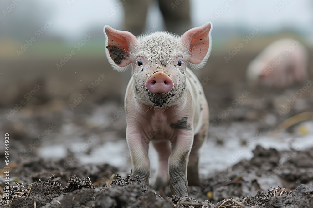 Baby Piglet: A small, pink piglet, standing in a muddy field, with its snout covered in dirt. Baby Piglet: A small, pink piglet, standing in a muddy field, with its snout covered in dirt.