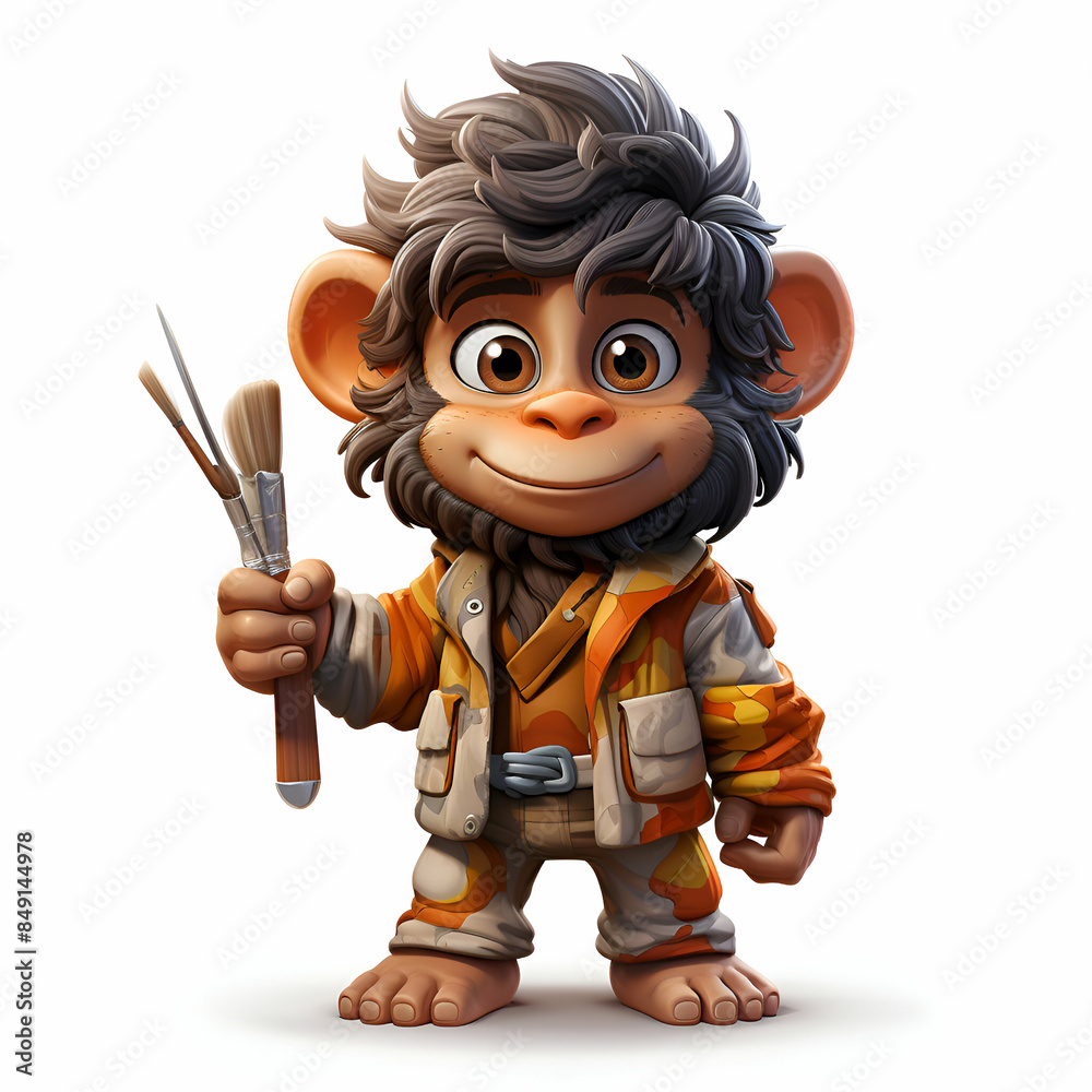 cartoon monkey with paintbrush on white background  for children and adults