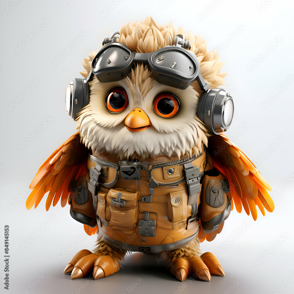 Fototapeta premium Cute owl in aviator helmet and goggles. 3d rendering