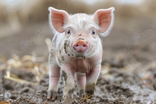 Baby Piglet: A small, pink piglet, standing in a muddy field, with its snout covered in dirt. 