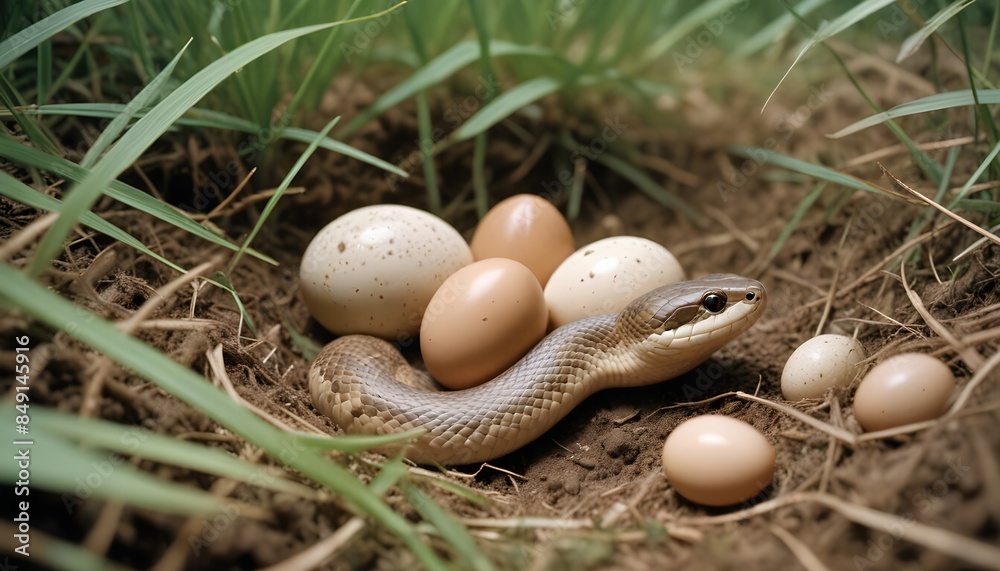 Foto de Snakes hatch from eggs. Snakes in the grass. Snake hatching ...