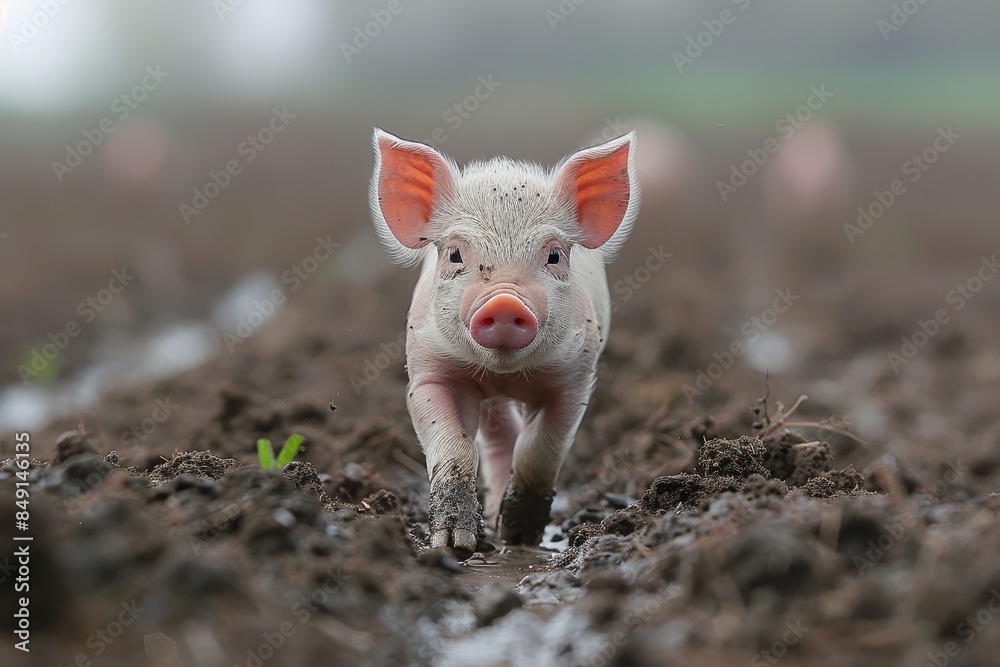 Baby Piglet: A small, pink piglet, standing in a muddy field, with its snout covered in dirt. Baby Piglet: A small, pink piglet, standing in a muddy field, with its snout covered in dirt.