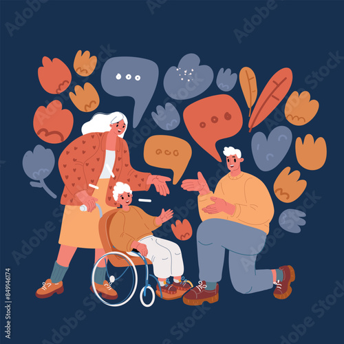 Cartoon vector illustration of happy cute mom and dad and kid on wheelchair over dark background