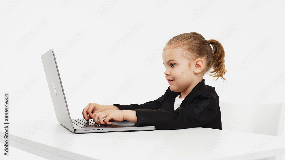 Stylish, business schoolgirl studying at a laptop on an isolated white background. Concept of modern technology, business and education. Stylish, business schoolgirl studying at a laptop on an isolated white background. Concept of modern technology, business and education.