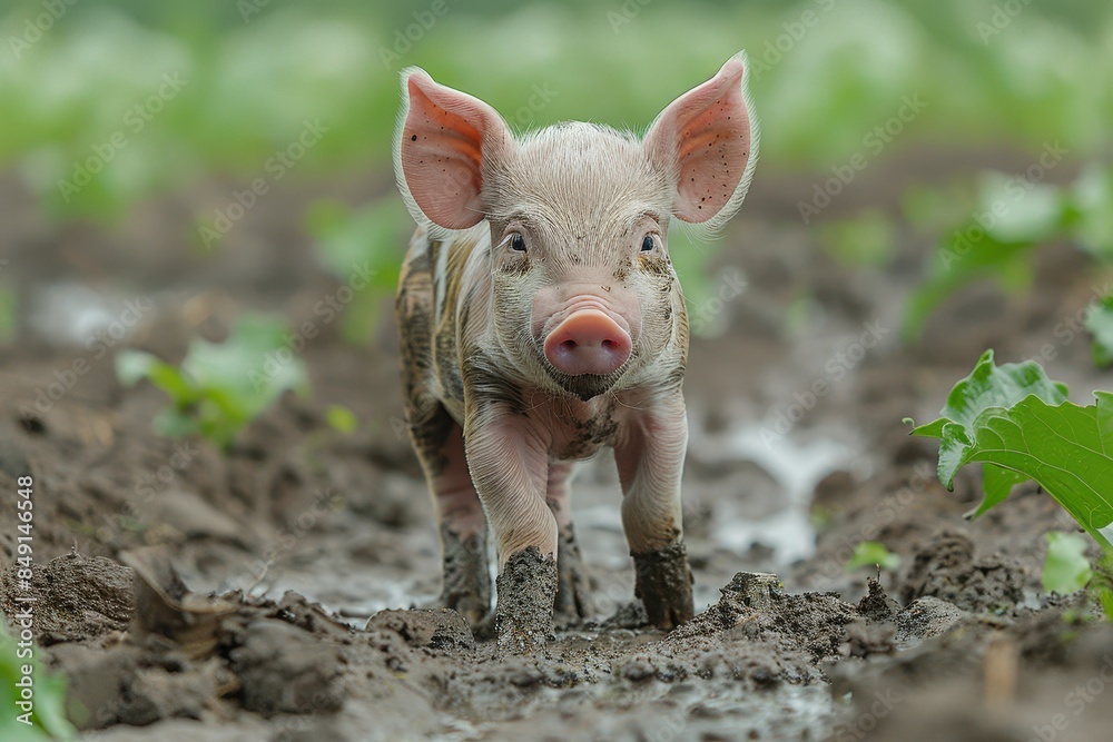Baby Piglet: A small, pink piglet, standing in a muddy field, with its snout covered in dirt. Baby Piglet: A small, pink piglet, standing in a muddy field, with its snout covered in dirt.