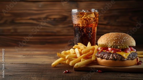 Hamburger with fries and soda in a studio setting with wooden background photo