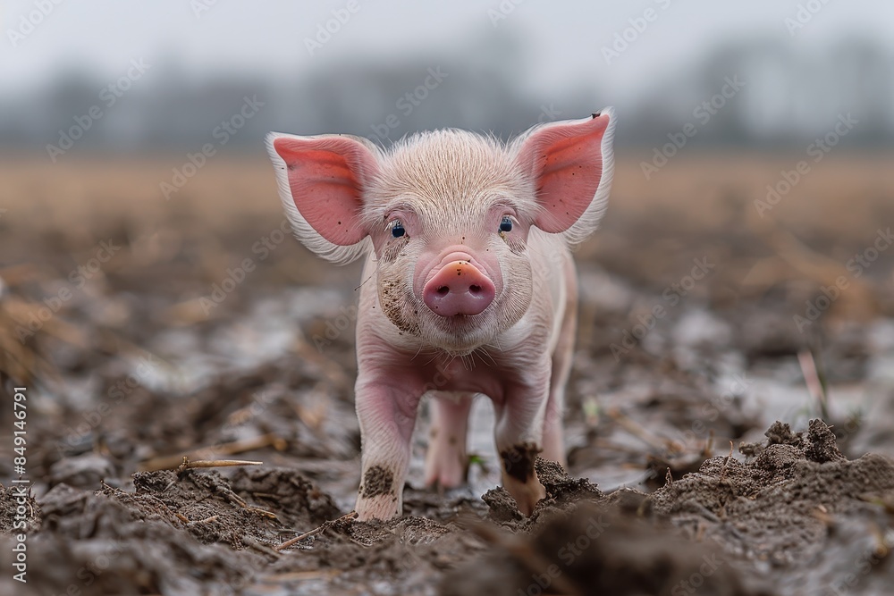 Baby Piglet: A small, pink piglet, standing in a muddy field, with its snout covered in dirt. Baby Piglet: A small, pink piglet, standing in a muddy field, with its snout covered in dirt.