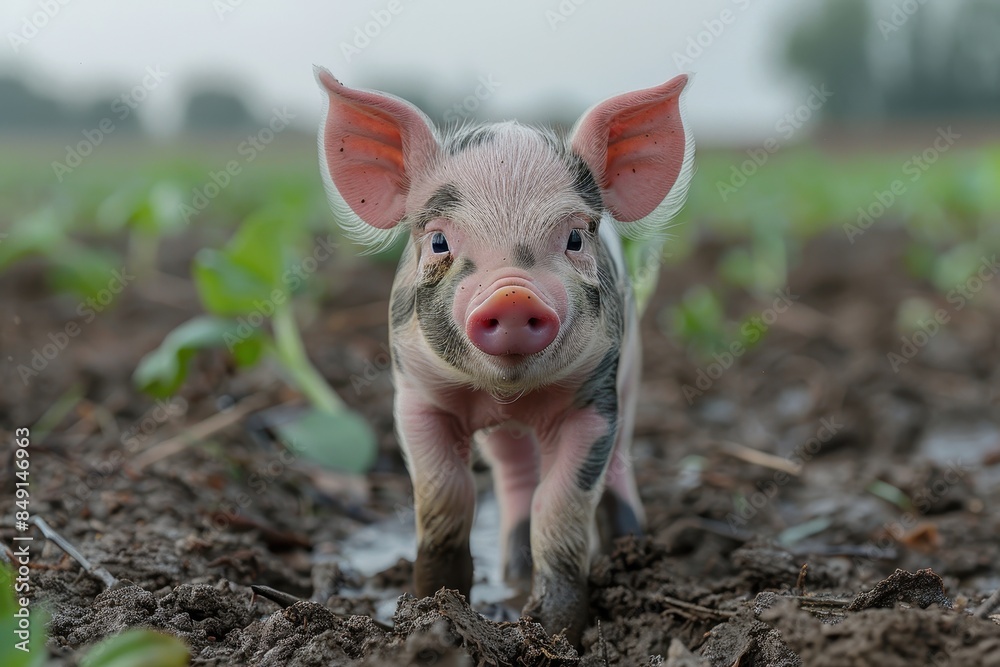Baby Piglet: A small, pink piglet, standing in a muddy field, with its snout covered in dirt. Baby Piglet: A small, pink piglet, standing in a muddy field, with its snout covered in dirt.