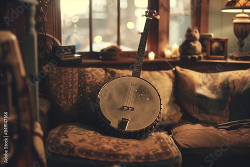 A polished banjo with a glossy finish, reflecting the light in a dimly lit, cozy room. photo