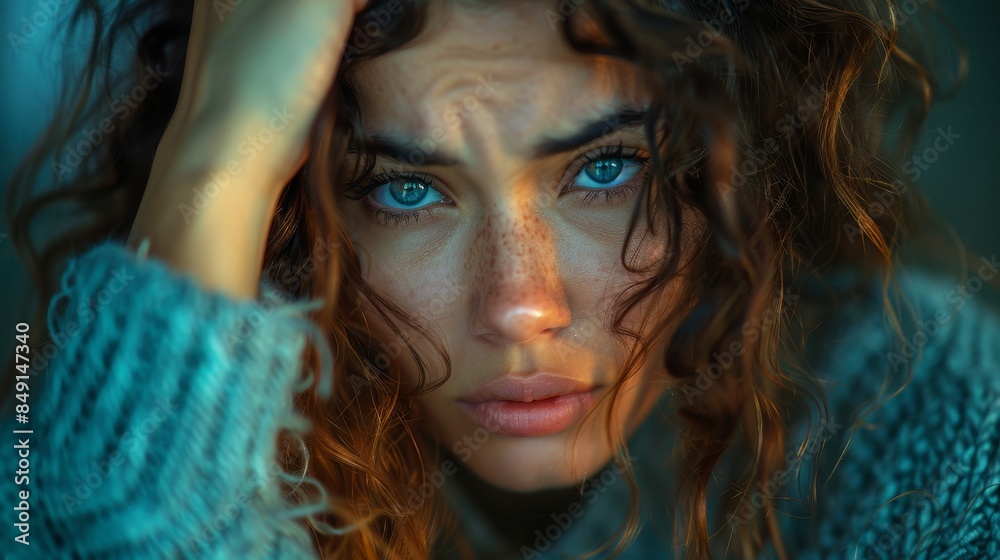 A pensive young woman with curly hair and hands in her hair A pensive young woman with curly hair and hands in her hair
