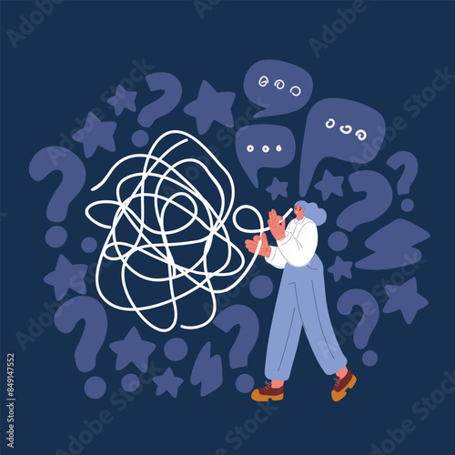 Cartoon vector illustration of Unravel business chaos process with tangle difficult problem mess business concept. Chaos to order, complex to simple metaphor with person trying solve mess cable over d