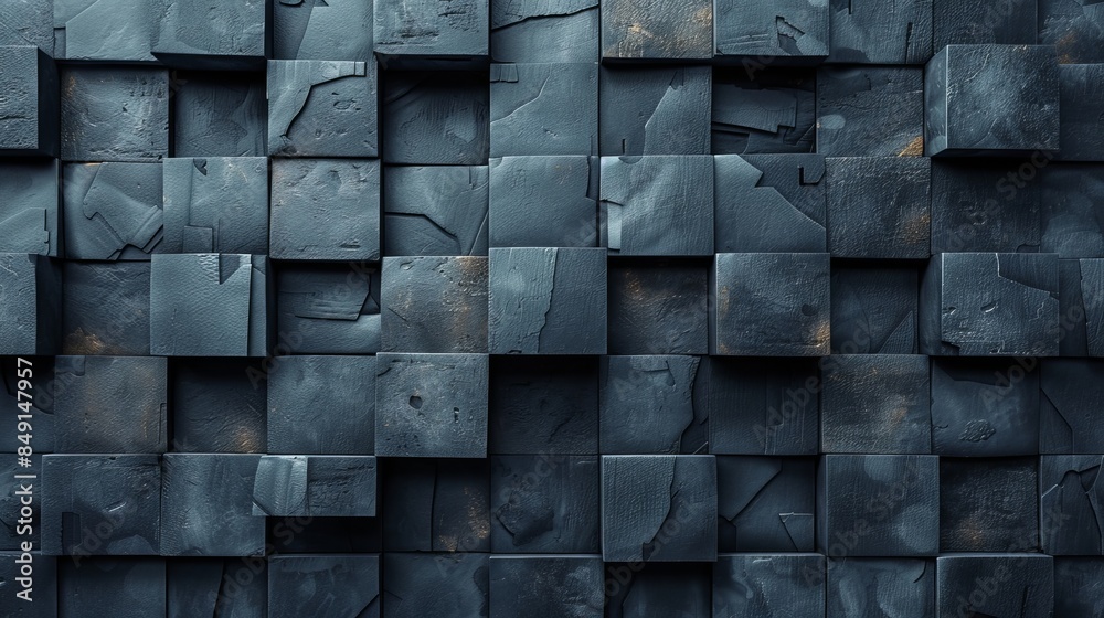 A 3D render of a dark blue cube pattern with textured surfaces and dynamic shadow play