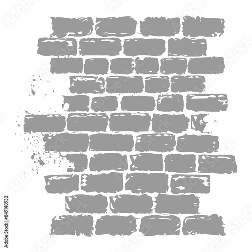 Gray Brick Wall Stamp: Textured, Urban Decay Illustration, Isolated on White.