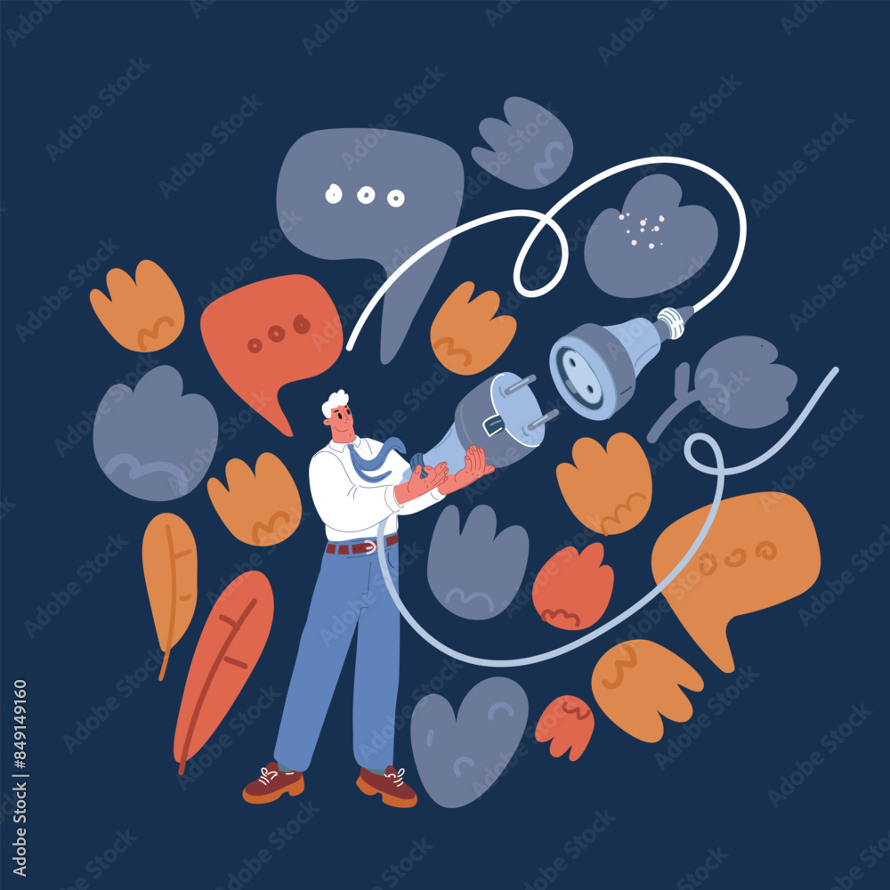 Cartoon vector illustration of Male hand puts plug in the socket over dark background Cartoon vector illustration of Male hand puts plug in the socket over dark background