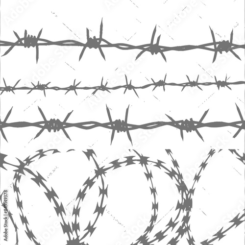 Barbed Wire Variety: Gray Scalable Vectors on White Grunge.