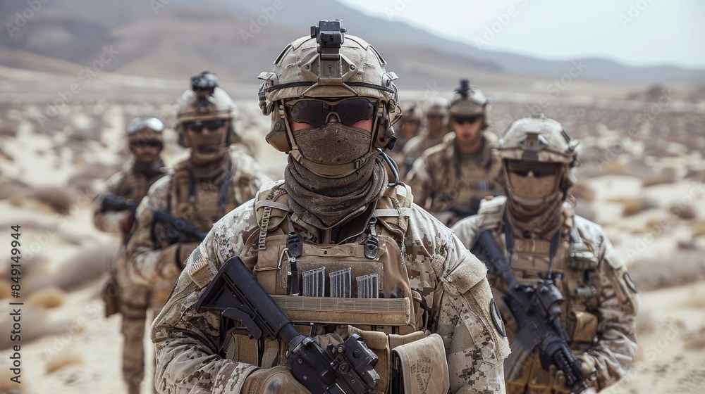 A formation of military personnel in camouflage gear marching through a desert terrain with rifles