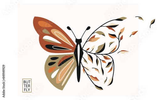 Butterfly half leaves vector illustration. Flying insect with floral