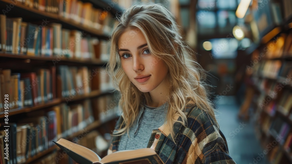 Attractive young blonde woman standing in a library aisle, focused on reading a book Attractive young blonde woman standing in a library aisle, focused on reading a book