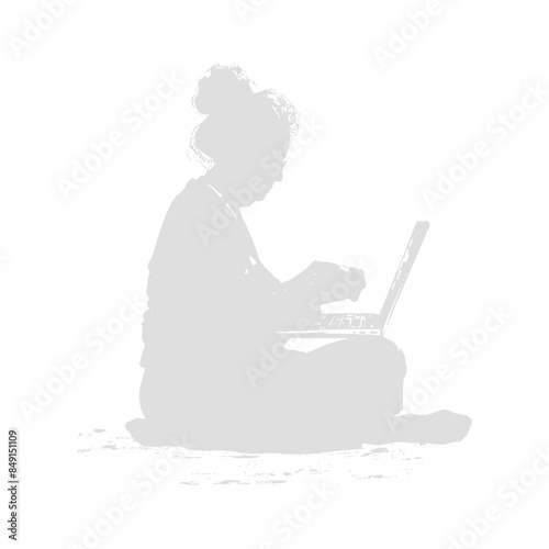 Pale Silhouette: Woman Crouched with Laptop, Anonymous Digital Work, Solitude.