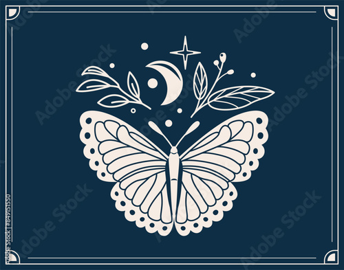 Mystic butterfly vector illustration. Magic moth with celestial moon