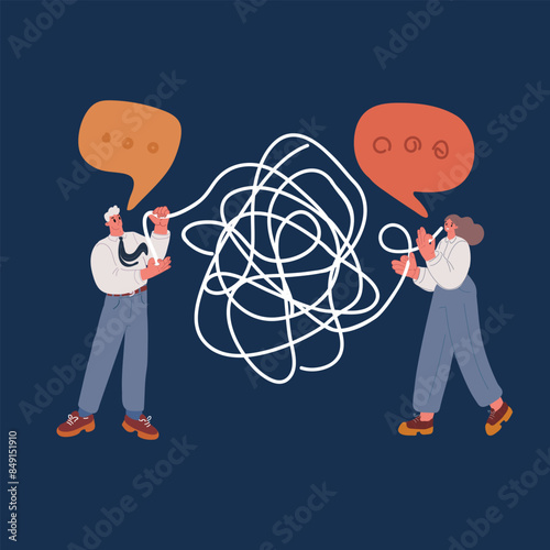 Cartoon vector illustration of Man and woman Unravel the Tangle of Problems. He Working on Relationship. Solves problems and unravels the big thread over dark background