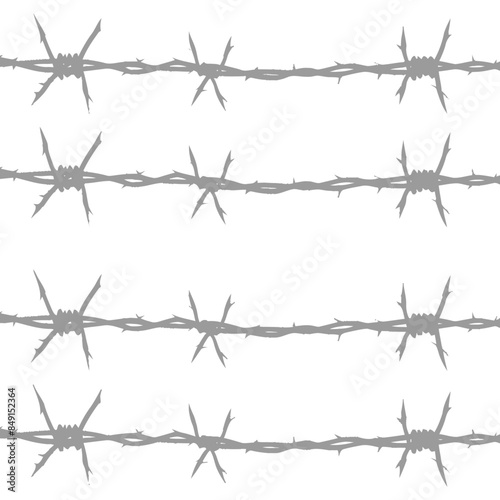 Barbed Wire Rows: Gray, Horizontal, Isolated on White Background, Sharp Prongs.