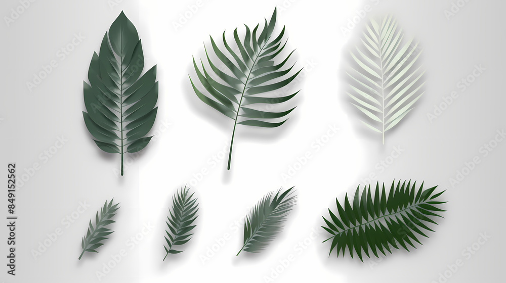 Realistic transparent shadow from a leaf of a palm tree on the white background. Tropical leaves shadow. Mockup with palm leaves shadow.