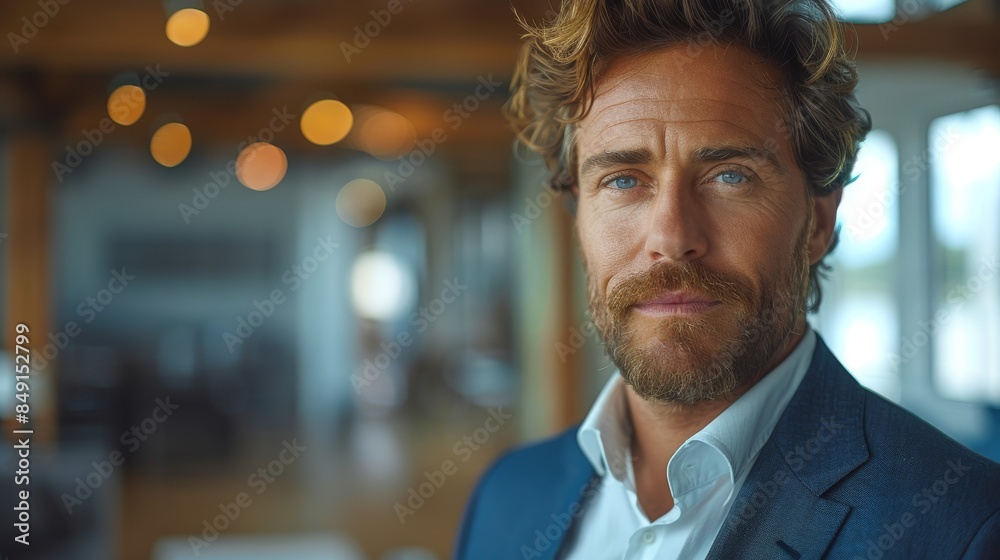 Intense portrait of a handsome mature man with striking blue eyes and blue business attire Intense portrait of a handsome mature man with striking blue eyes and blue business attire
