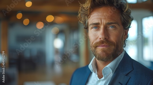 Intense portrait of a handsome mature man with striking blue eyes and blue business attire