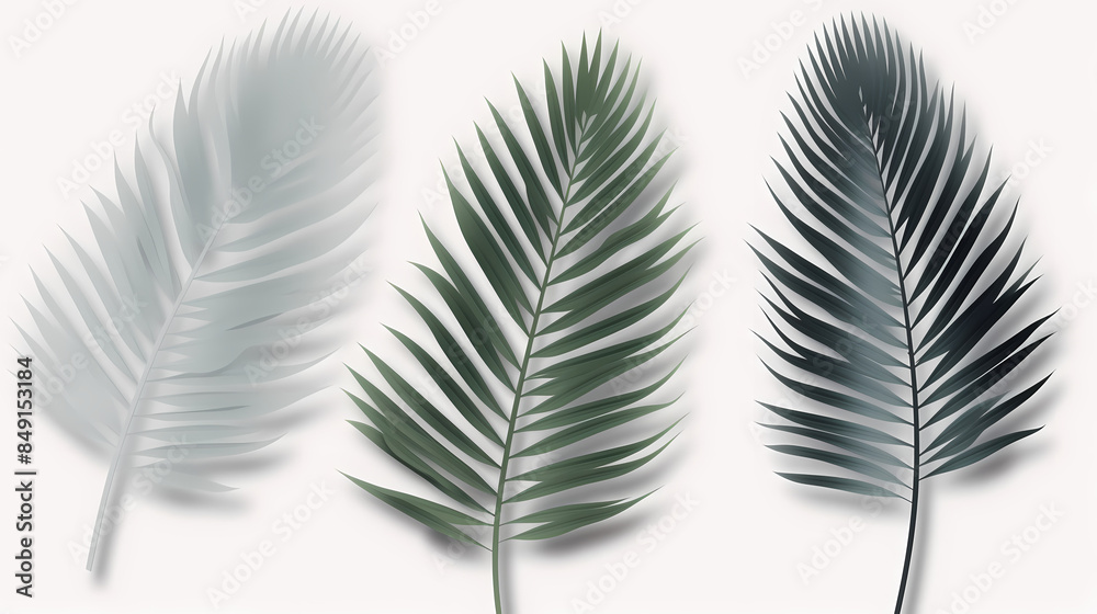 Realistic transparent shadow from a leaf of a palm tree on the white background. Tropical leaves shadow. Mockup with palm leaves shadow.