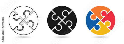 round puzzle with different style icon set, jigsaw puzzle icon. Line, solid and filled outline colorful version