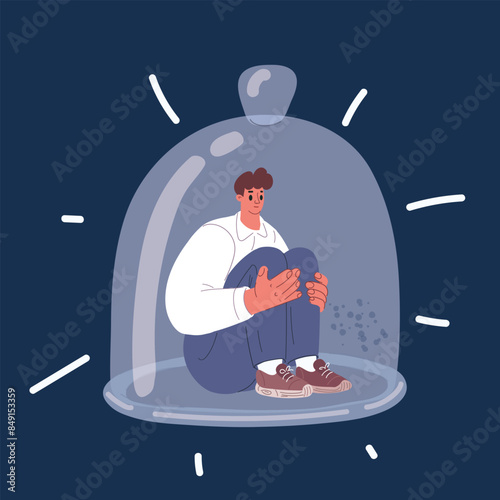 Cartoon vector illustration of Miniature people : Man sitting under a glass dome. Introvert, sociophobic concept over dark background. photo