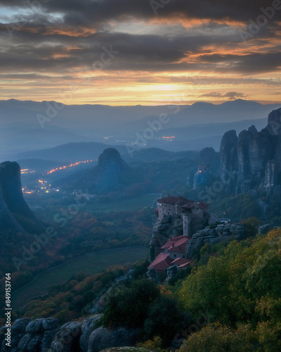 Canvas Print sunset in the mountains of Meteora