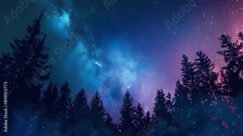silhouette of forest trees abstract background with stars, and a backdrop of the beautiful northern lights night skies