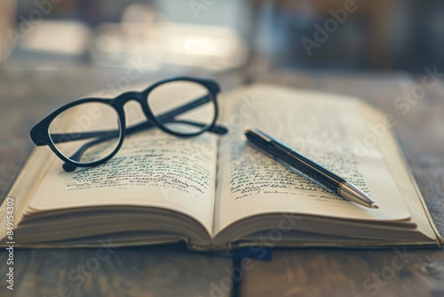 Open book with handwritten notes, pen, and eyeglasses on a wooden table