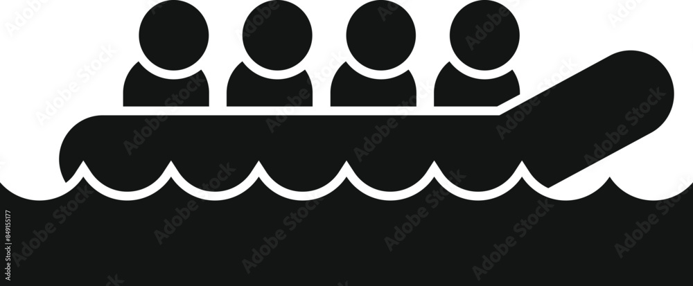 Black and white icon of a group of refugees crossing the sea on an inflatable boat Black and white icon of a group of refugees crossing the sea on an inflatable boat