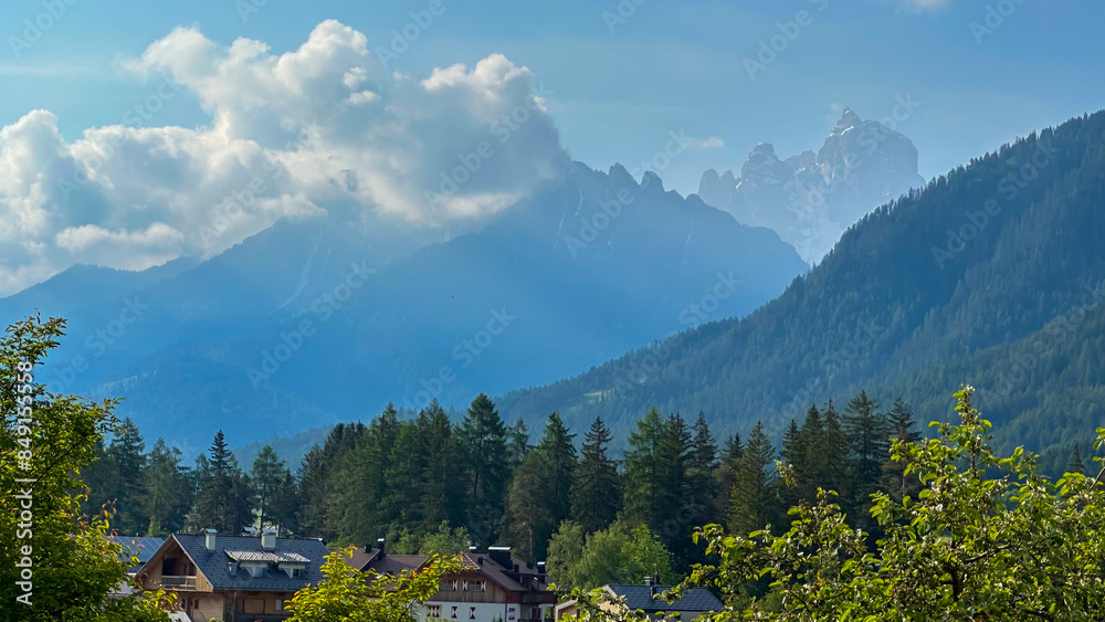 Fototapeta premium italian alps dolomites national park lake mountain trekking peaks tre cime brais lake carezza lake reflection clouds