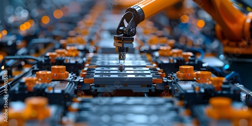 Robotic assembly line carefully inserting lithiumion cells in electric car battery pack. Concept Automated Manufacturing, Electric Vehicles, Lithium-ion Technology, Robotics Integration
